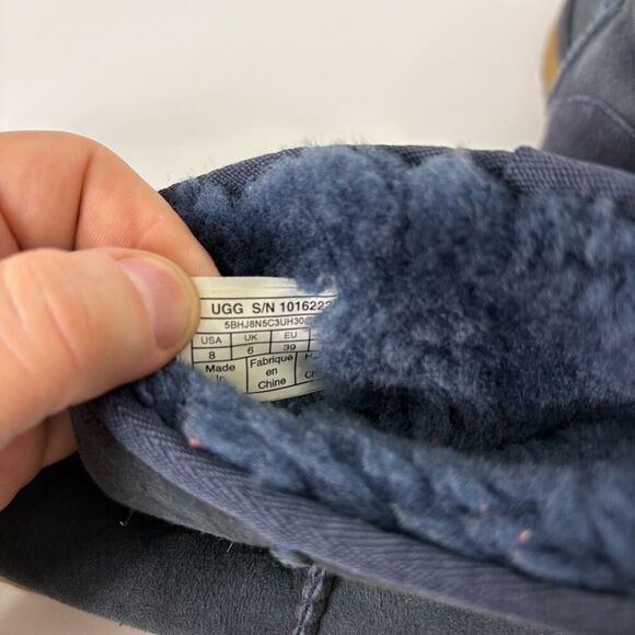 UGG Navy Blue Classic Mini Fur Lined Winter Boots with Tan Bottoms Size 8 - Picture 8 of 10